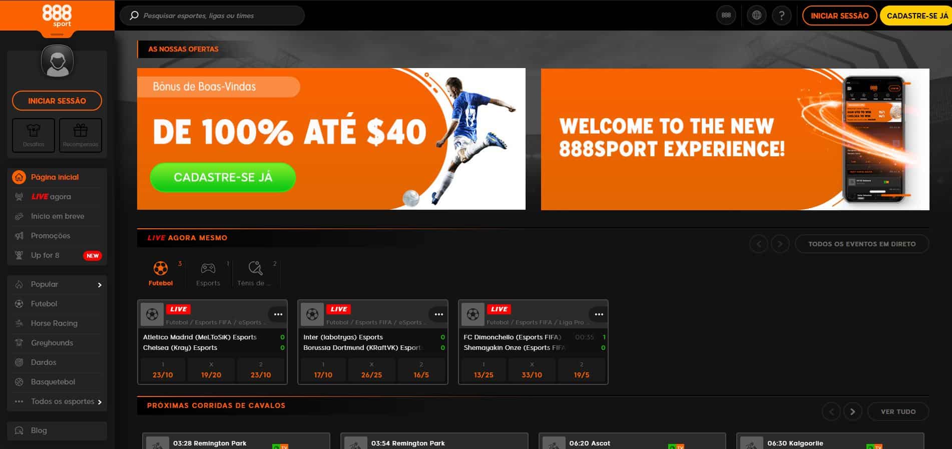 Captura de tela do site de esportes de 888 cassinos